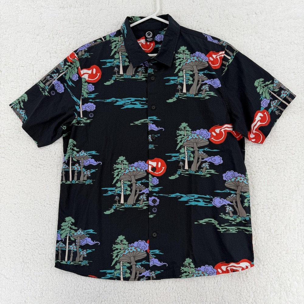 Neff Shirt Mens Medium Black Mushroom Psychedelic Acid Trip Button Front